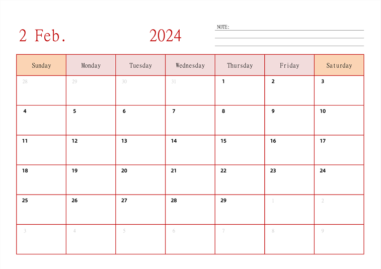 2024年日历台历 英文版 横向排版 周日开始